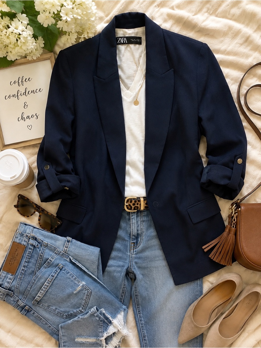 Zara Navy Blue Open Front Blazer with Rolled-Up Sleeves Size L
